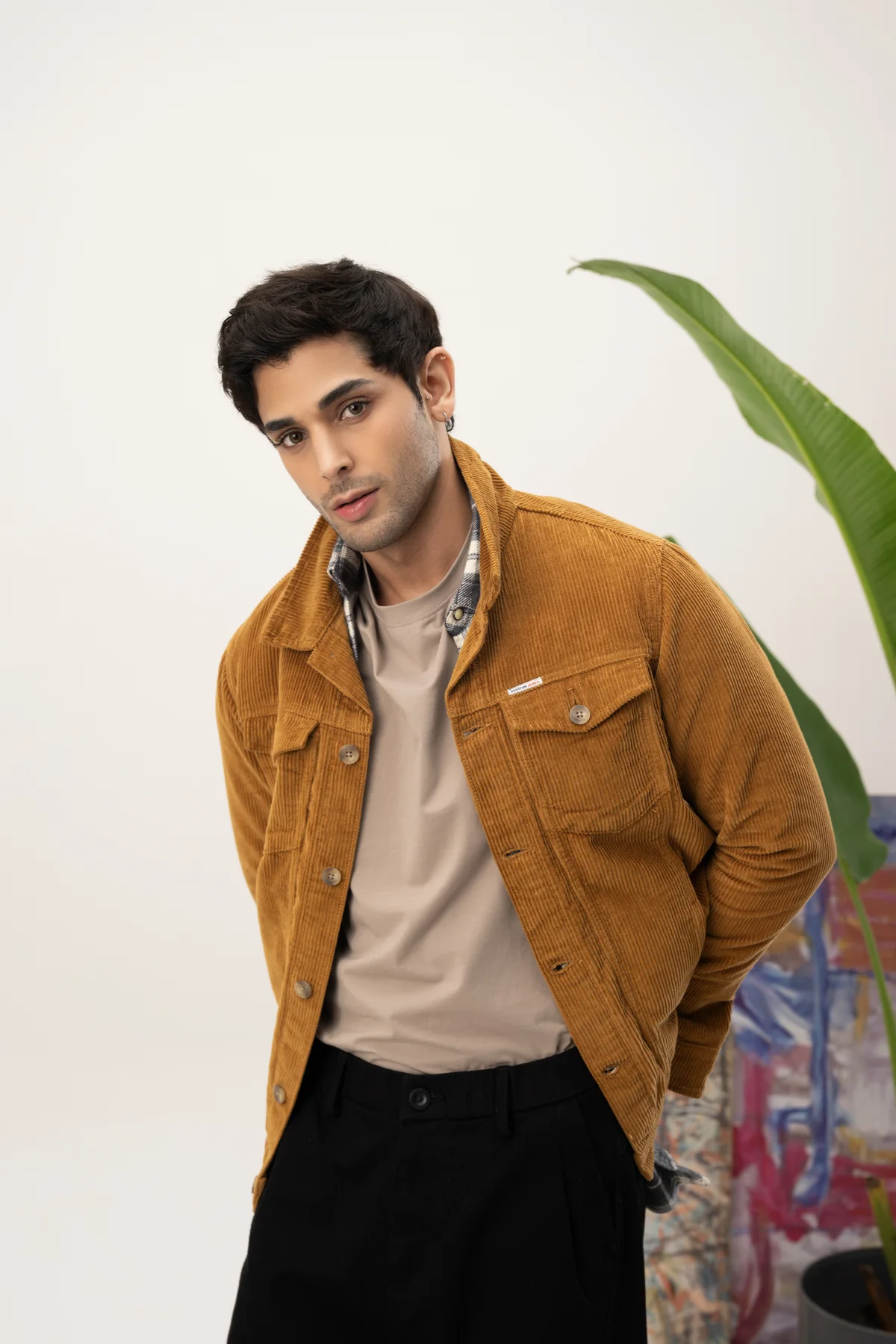 Close view of the tobacco corduroy jacket