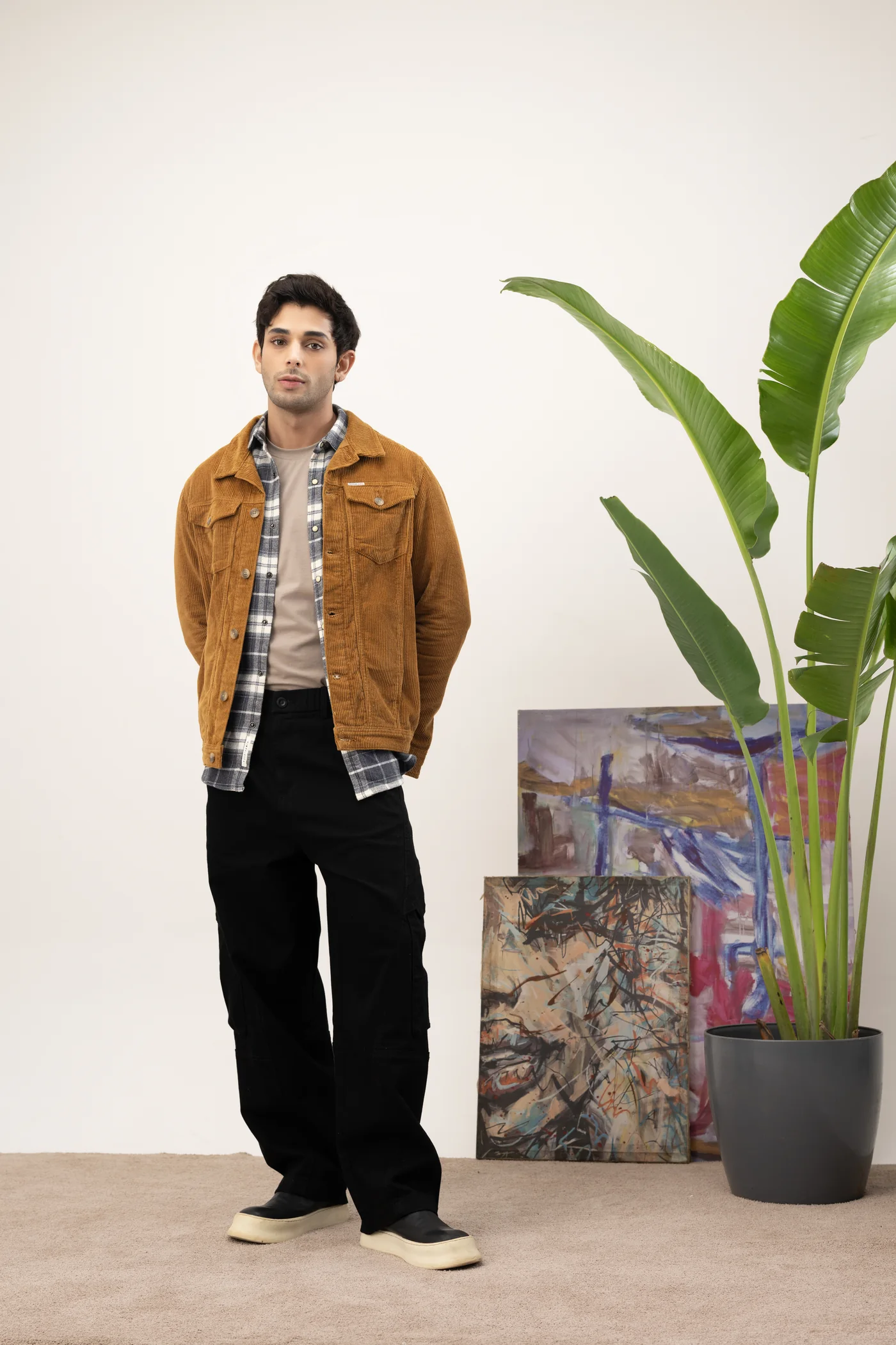 Tobacco corduroy jacket with a checked shirt