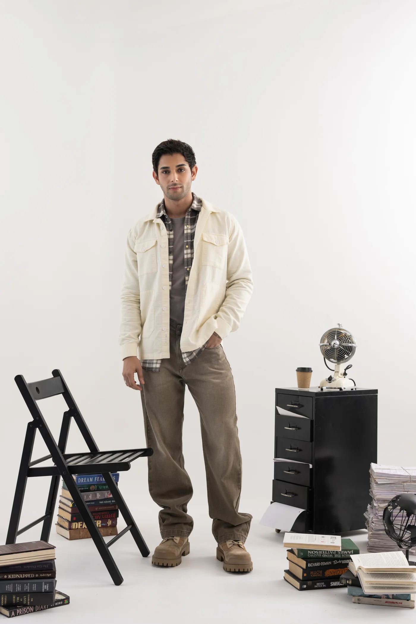 Winter white overshirt with a muted checked shirt
