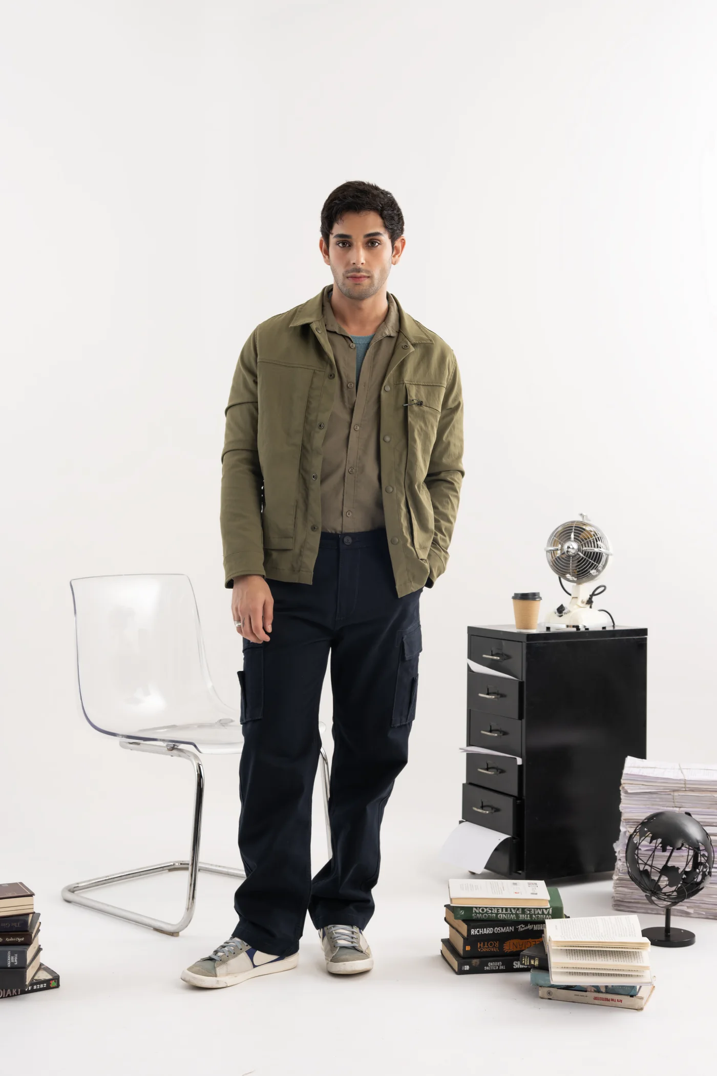 Olive utility jacket with tonal winter layers