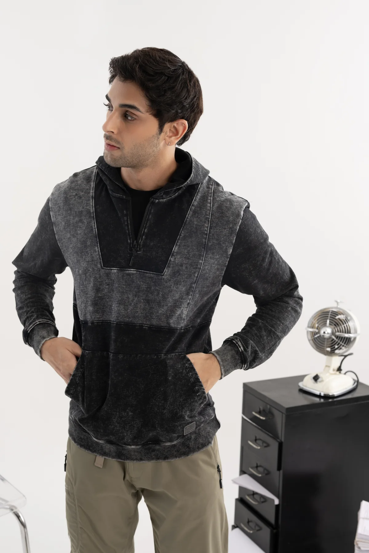 Detail of the washed charcoal hoodie